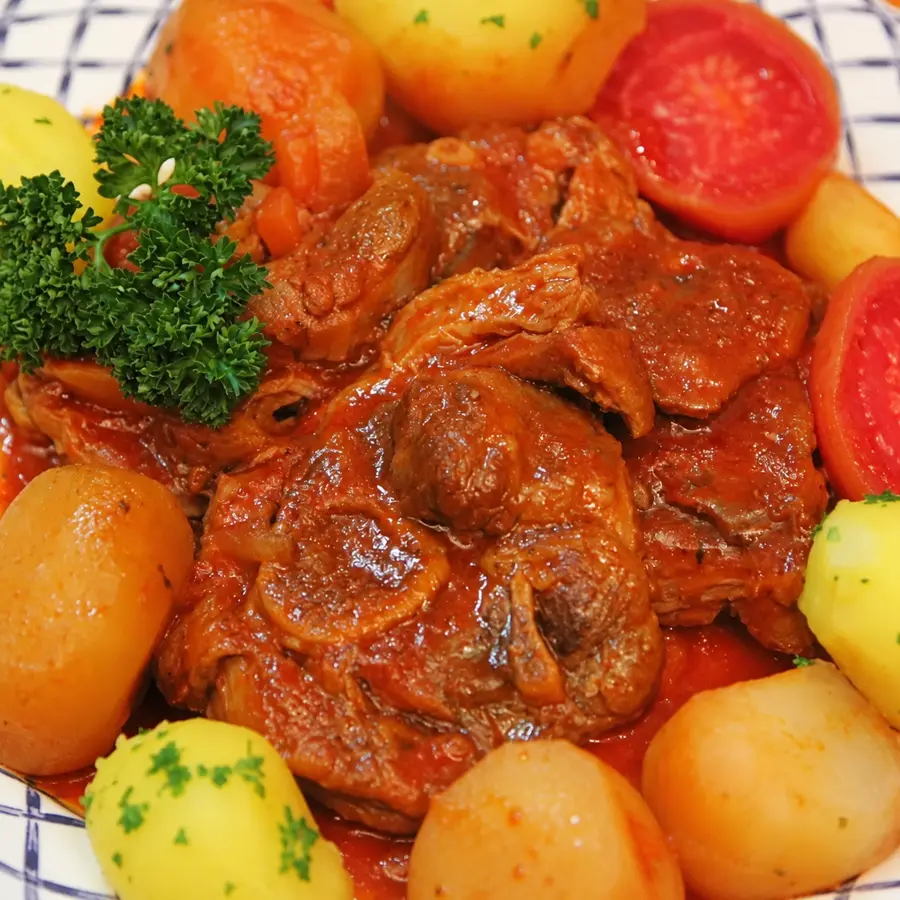 pork osso buco root vegetables, finished dish