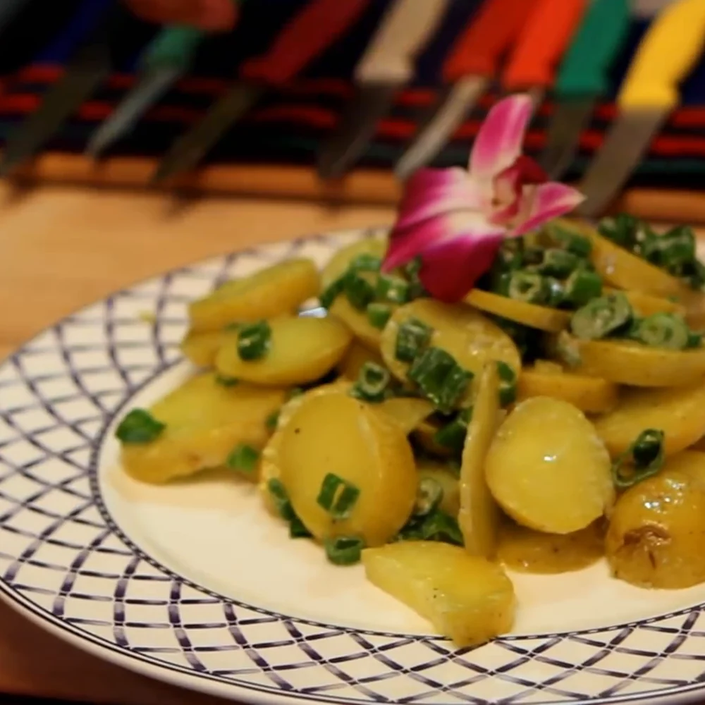 potato salad blue cheese sauce, finished dish