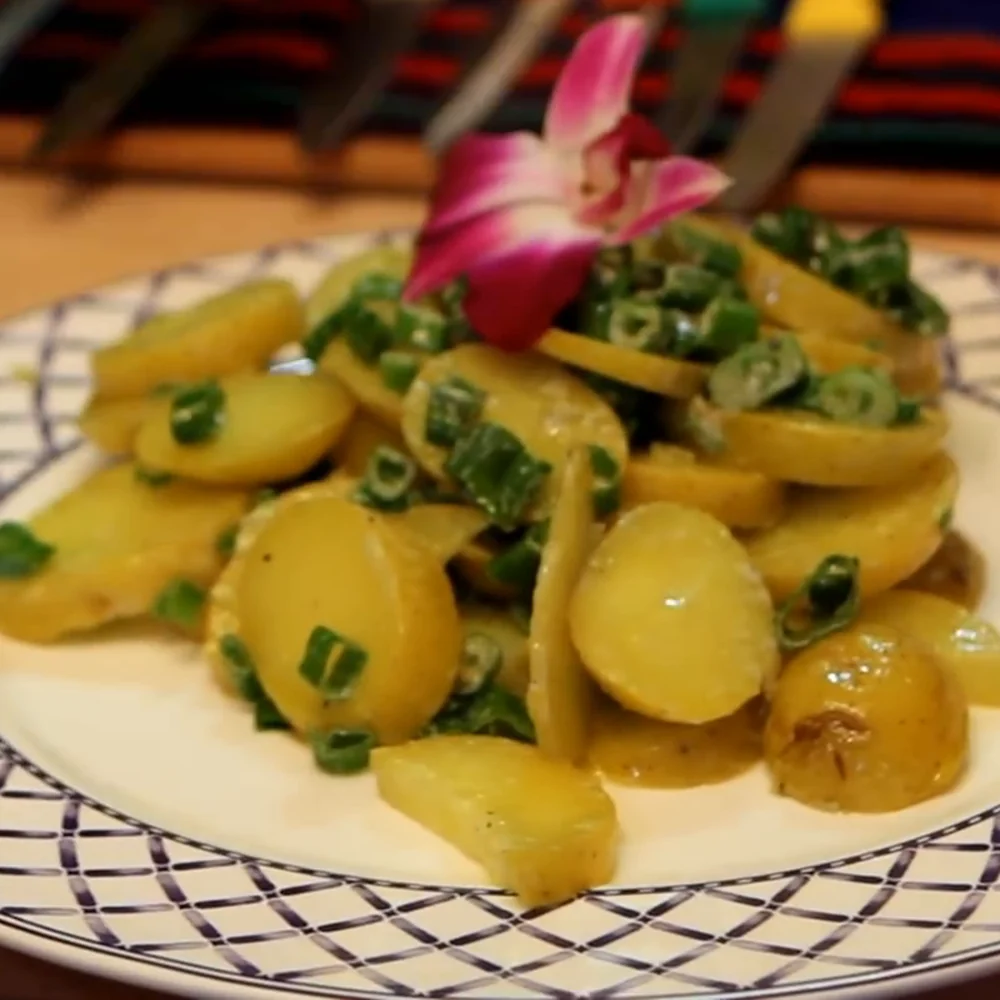 potato salad blue cheese sauce, finished dish