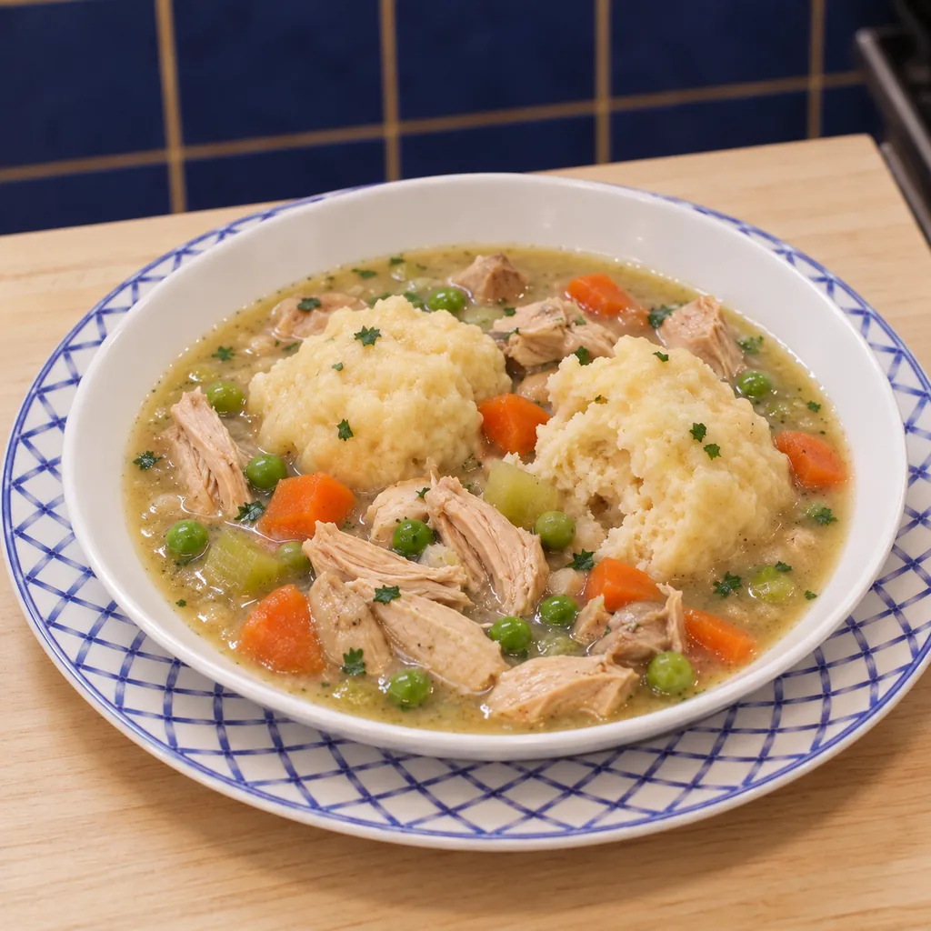 poulet dumplings carottes petits pois, plat fini