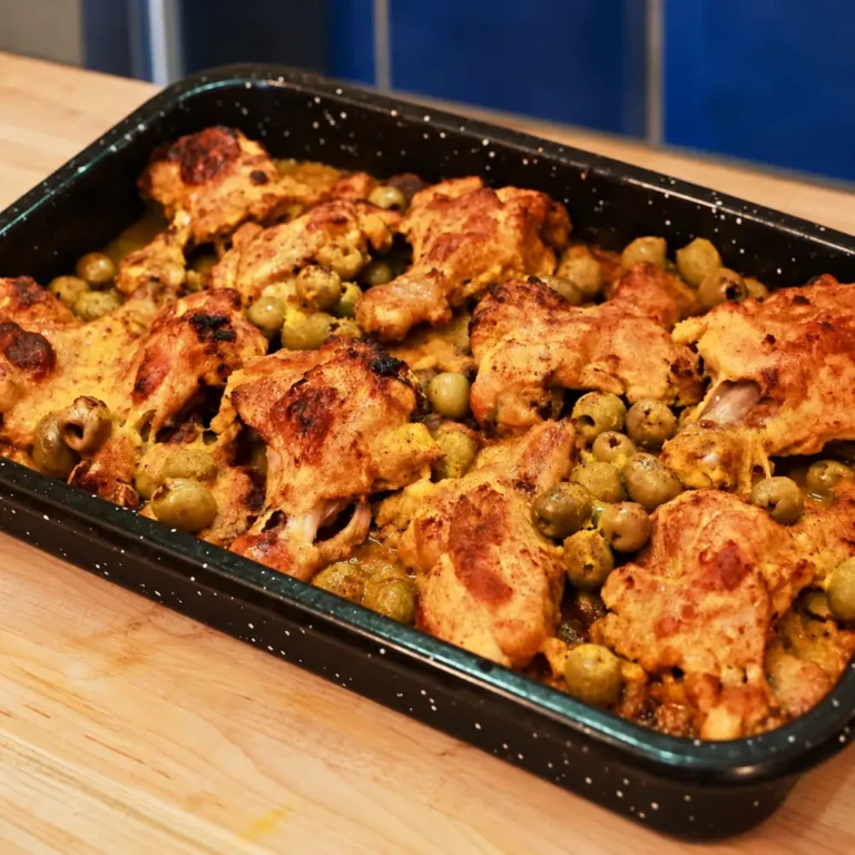 Poulet marin&eacute; au citron, gingembre et curcuma, pommes de terre et olives