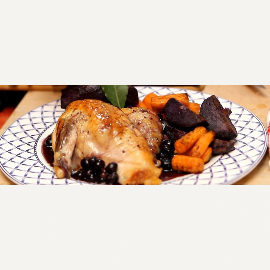 roast guinea fowl blueberry maple sauce, finished dish