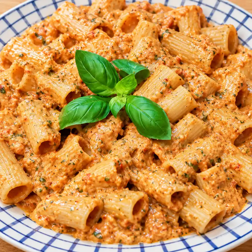 roasted pepper tomato ricotta rigatoni, finished dish