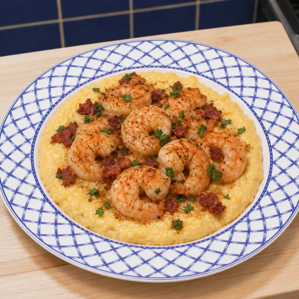 shrimp and cheddar grits, finished dish
