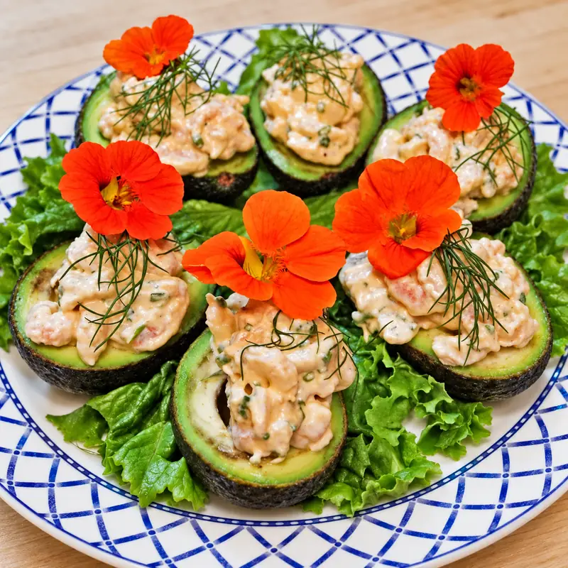 shrimp stuffed avocados spicy mayonnaise, finished dish
