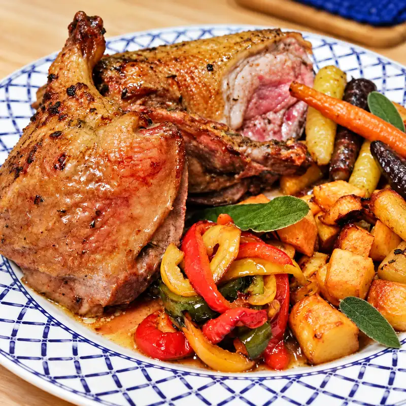 spatchcock roast duck sweet potatoes, finished dish
