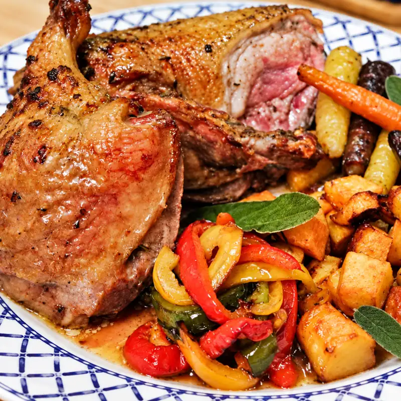 spatchcock roast duck sweet potatoes, finished dish
