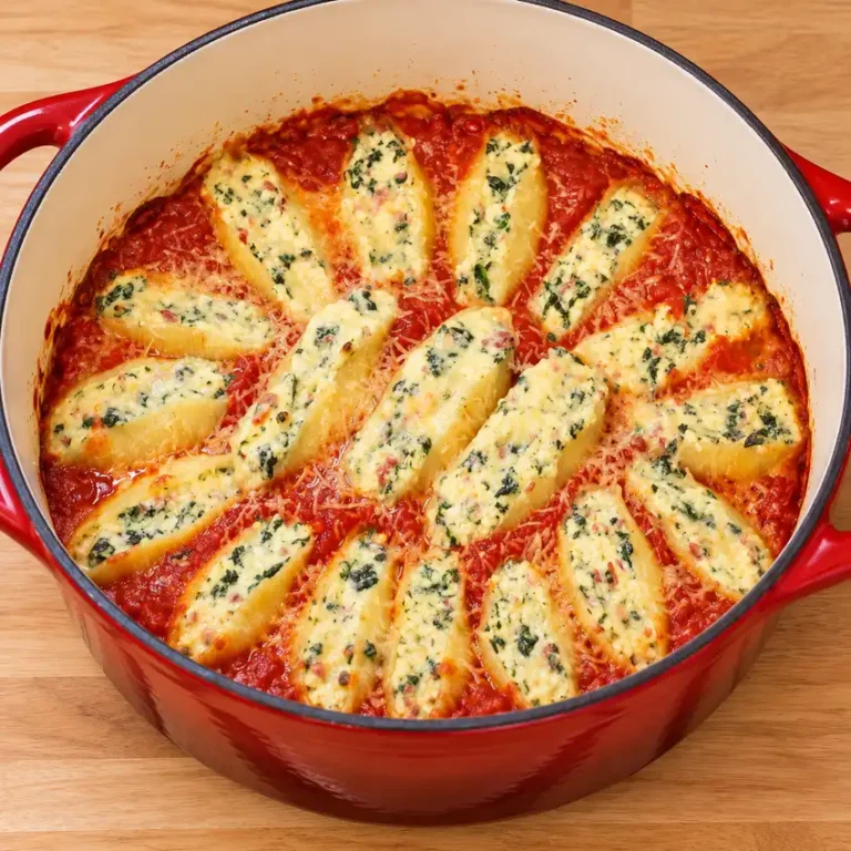 Spinach Ricotta and Pancetta Stuffed Shells in Tomato Sauce
