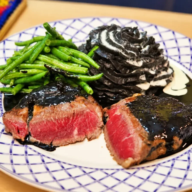 Steak à l’ail noir avec purée à l’ail noir et haricots verts