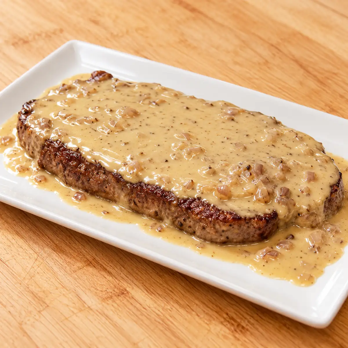 Steak flambé au brandy, sauce crémeuse aux échalotes
