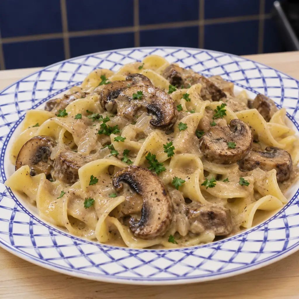 stroganoff cremeux aux champignons, plat fini