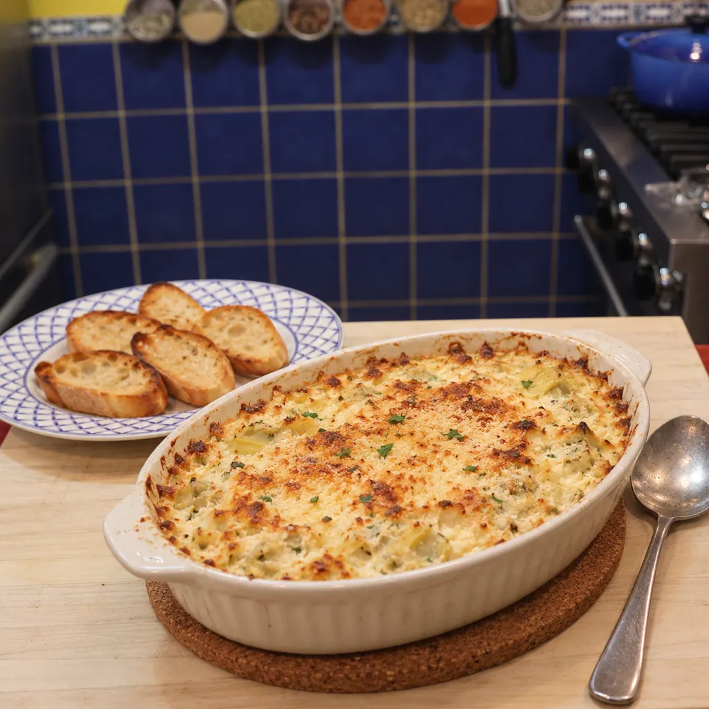trempette chaude artichauts parmesan sans epinards, plat fini