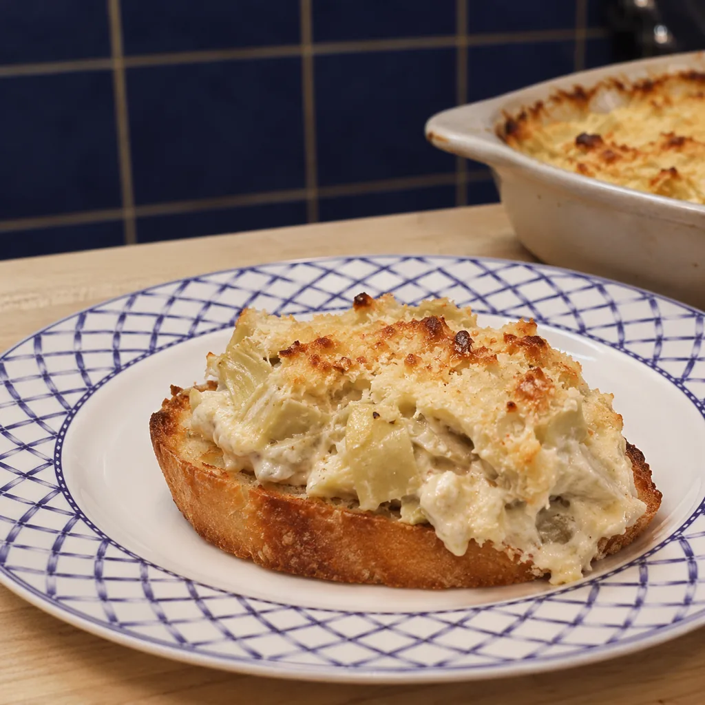 trempette chaude artichauts parmesan sans epinards, plat fini