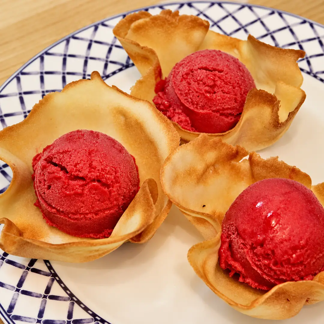 tuile cookie cups raspberry sorbet, finished dish