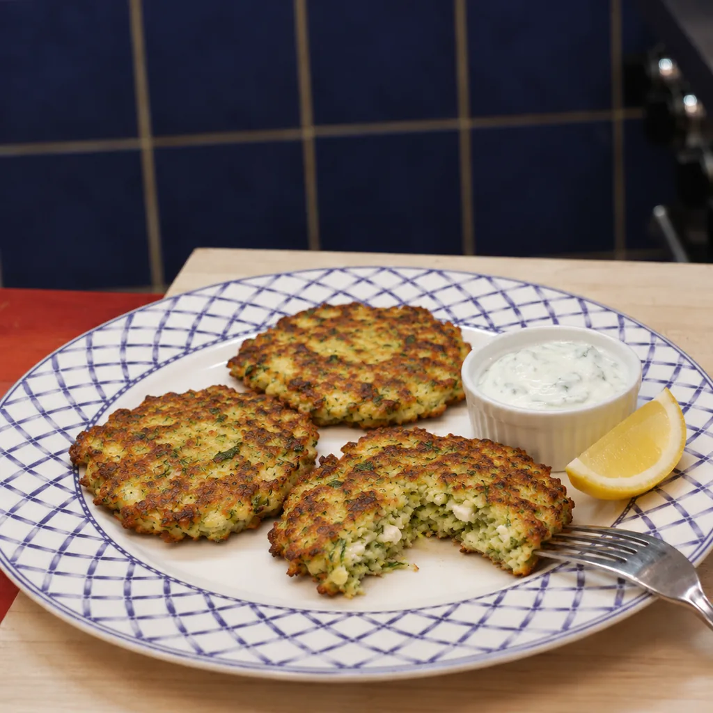 zucchini feta fritters, finished dish
